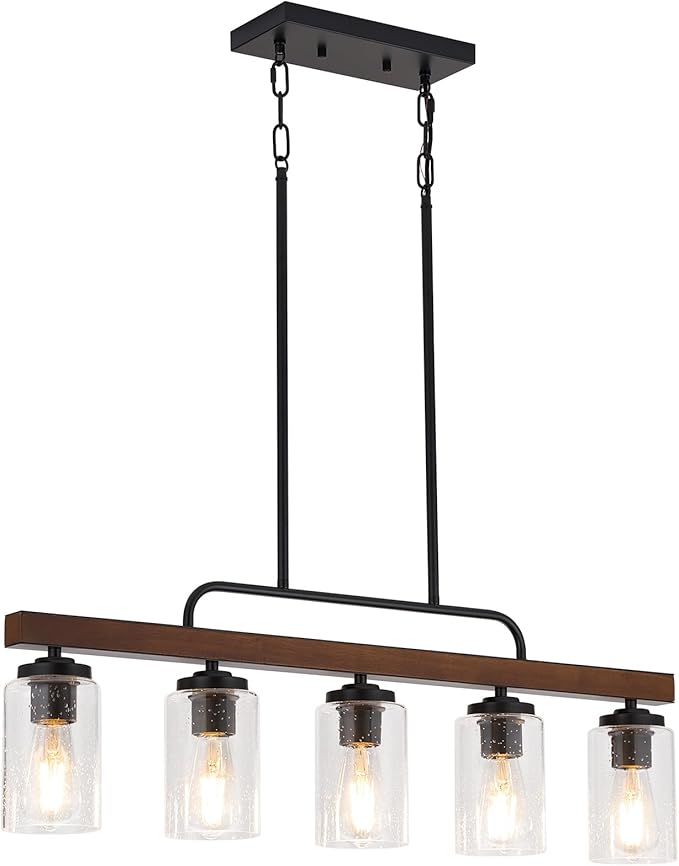 Farmhouse Chandelier 5-Light Dining Room Light Fixture Over Table Kitchen Island Lighting Rustic Chandeliers for Dining Light with Seeded Glass Shade Wood Pendant Lights Kitchen Island