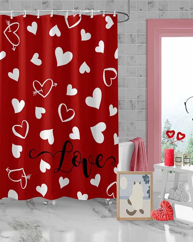 Vandarllin Red Shower Curtain, Love Heart Shower Curtains Set with Hooks, Waterproof Fabric Bathroom Curtains Decor Home Accessories,Stall 48 X 72 Inch