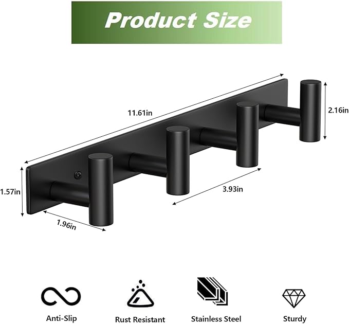 Coat Rack Wall Mounted-4 Hooks, Heavy Duty Stainless Steel Wall Hooks for Towel Coat Bag, Hat Rack Coat Hanger Coat Hooks Towel Racks for Bathroom Entryway Kitchen Hotel (Black, 2 Packs)
