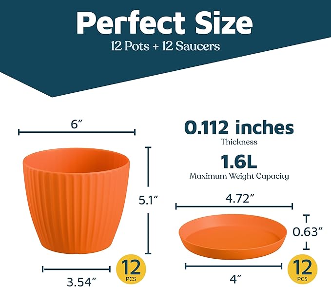 Yellow 6-Inch Plant Pots with Drainage & Saucers 12 Pack, Indoor & Outdoor Planters for Houseplants, Herbs, and Flowers, Durable & Weatherproof Material, Stackable, Lightweight, Minimalist Design