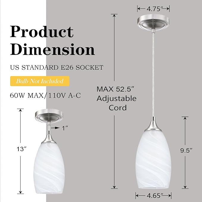 3 Pack 1 Light Indoor Mini Hanging Kitchen Island Pendant Lamps 4.8" Handcrafted Frosted Glass Chandelier Shade Brushed Nickel Finish Bar Dining Room Over Sink