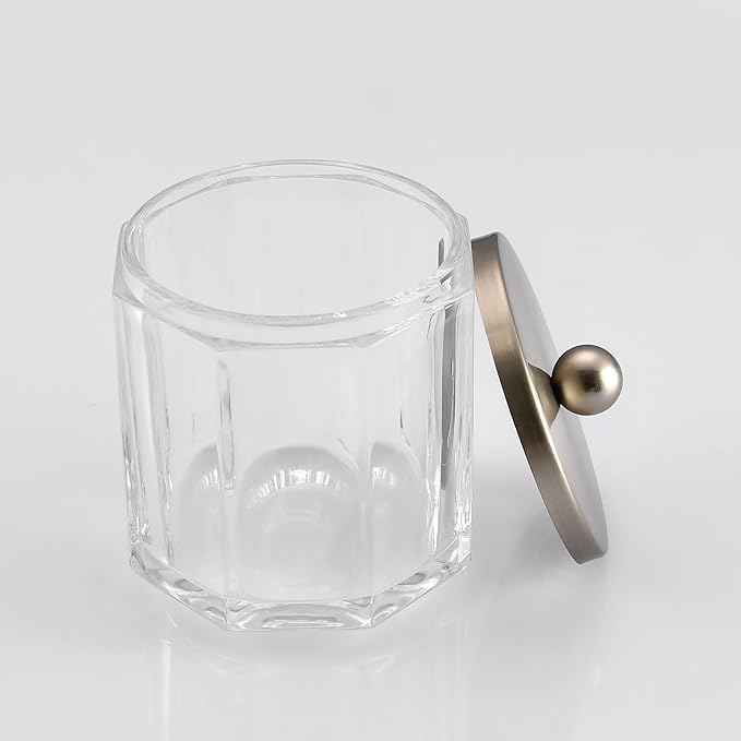 Home Glass Cotton Jar Holder Nickel Lid, Elegant Bathroom Storage Canister for Qtips, Cotton Balls, Floss, Makeup Organizer, Vanity Bathroom Organization