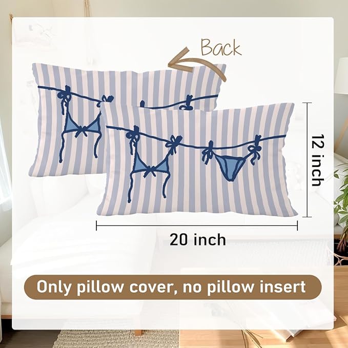 Beachy Throw Pillow Cover 12x20, Blue Coastal Room Decor, Trendy Indoor Outdoor Lumbar Pillow Cover, Preppy Bikini Prints Girls Room College Dorm Sofa Couch Decor