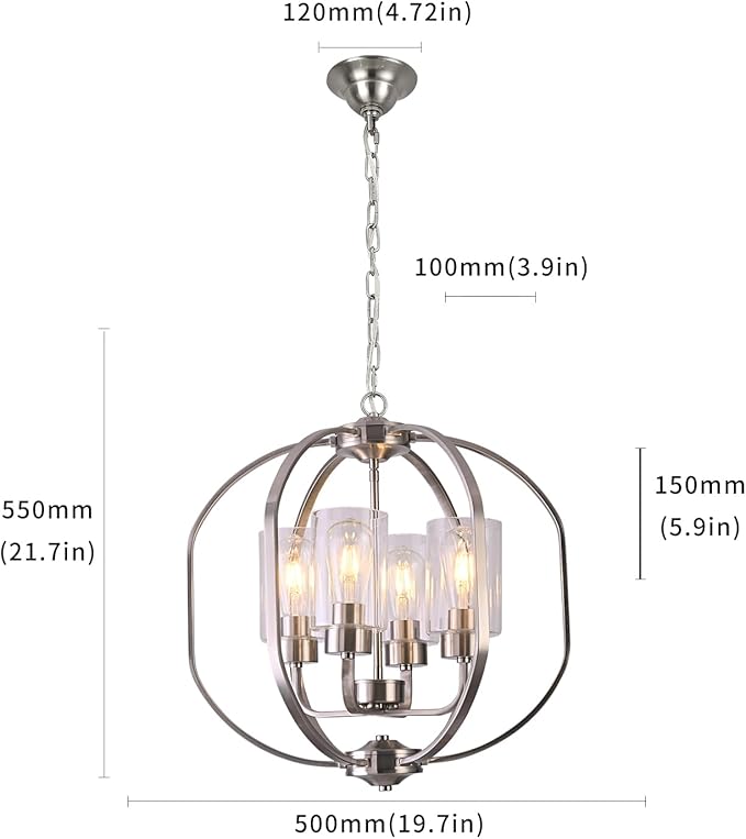 BOZO 20'' Globe Chandelier Brushed Nickel Chandeliers, 4-Light Modern Orb Chandelier,Ceiling Hanging Light Fixture with Glass Shade, Pendant Light for Dining Room Entryway Living Room
