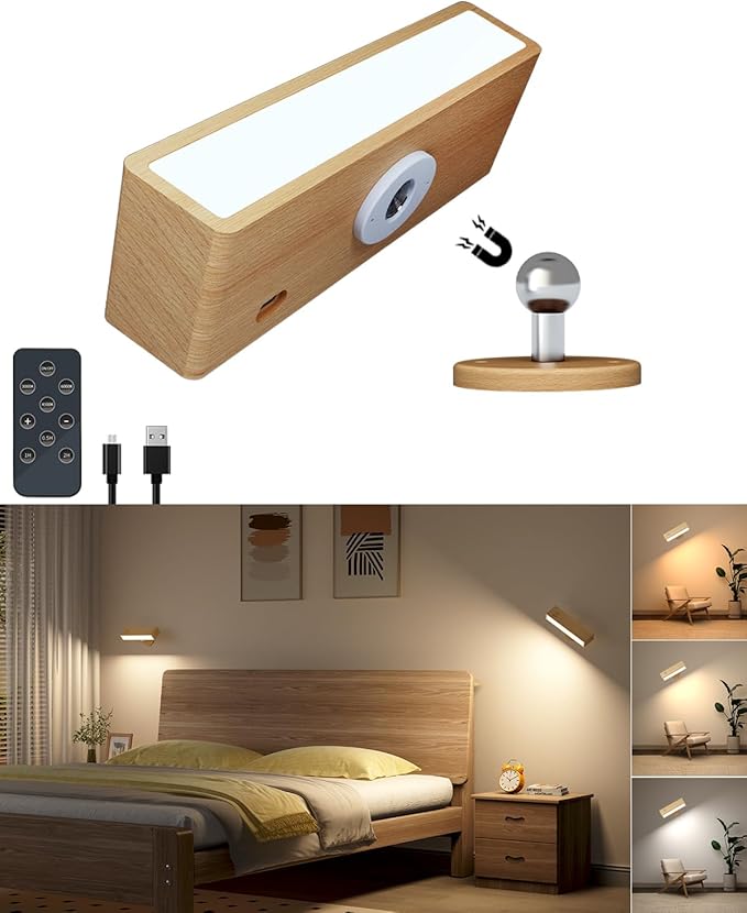 Wall Sconces,Battery Operated Wall Sconce with Remote,Wall Lights for Bedroom,Cordless Wall Lamp with 3 Color Temperature for Bedroom,Living Room,Bedside (Beechwood, 1 Pack)