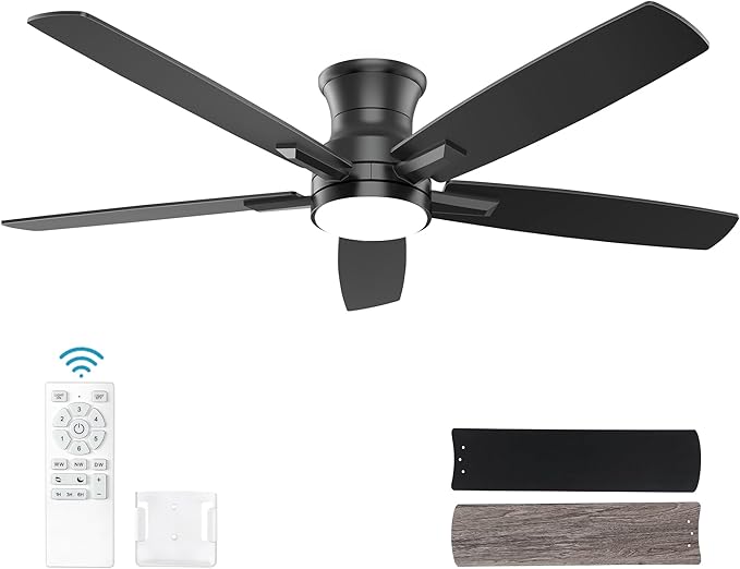 YUHAO 52 Inch Flush Mount Black Ceiling Fan with Light and Remote Control.Noiseless,Dimmable,3CCT,6 Speeds Reversible, Low Profile DC Ceiling Fans for Indoor Use