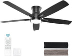 YUHAO 52 Inch Flush Mount Black Ceiling Fan with Light and Remote Control.Noiseless,Dimmable,3CCT,6 Speeds Reversible, Low Profile DC Ceiling Fans for Indoor Use