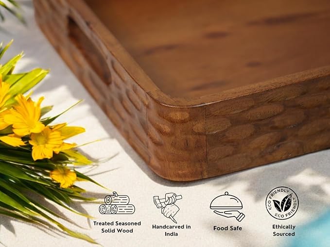 Vesta Homes Acacia Wood Serving Tray for Home/Kitchen/Restaurant/Office Organizer/Dining Table | Premium Serving Trays | 18 x 12 x 2.25 Inches | Handcarved in India