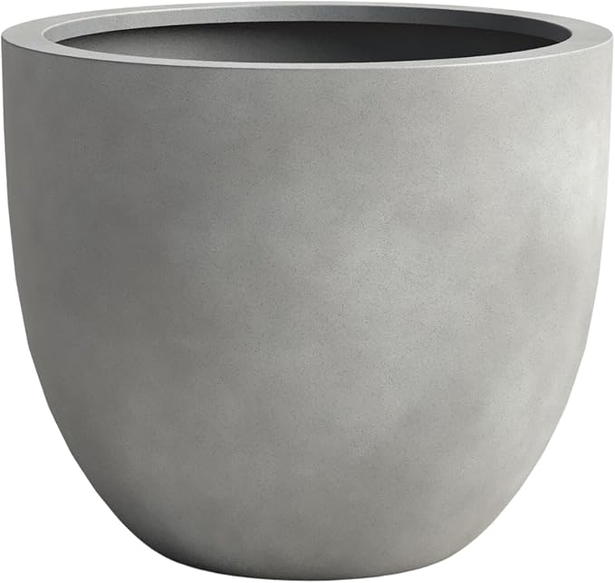 DTY Signature Mount Belford Lightweight and Durable Modern Fiberstone Egg Shaped Planter for Indoor Outdoor Drainage Hole & Rubber Plug Weather Resistant, 15" H x 18" Dia, 15.5" Opening - Large, Gray