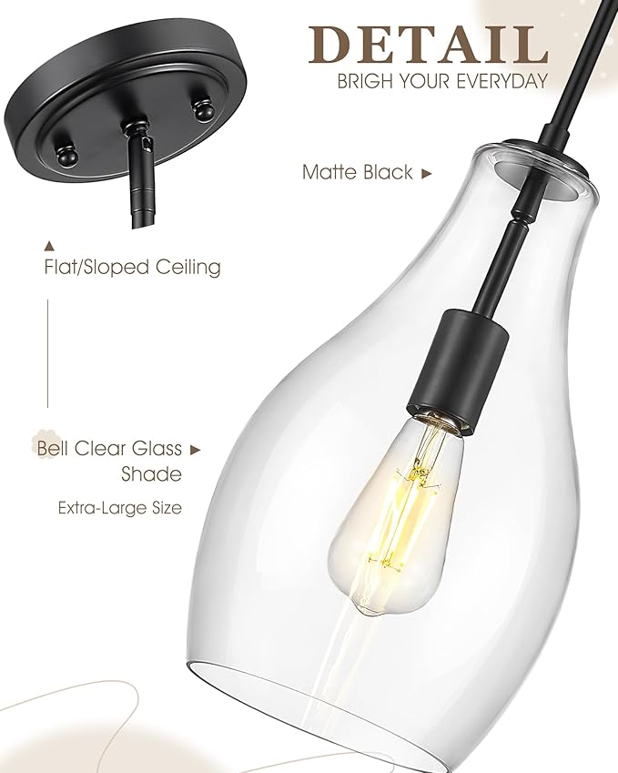 2-Pack Pendant Lights Kitchen Island, 8" Black Hanging Light Fixtures with Clear Glass Shade, Modern Lagre Kitchen Pendant Lighting Over Island for Dining Room, AD-25045-2PB-BK