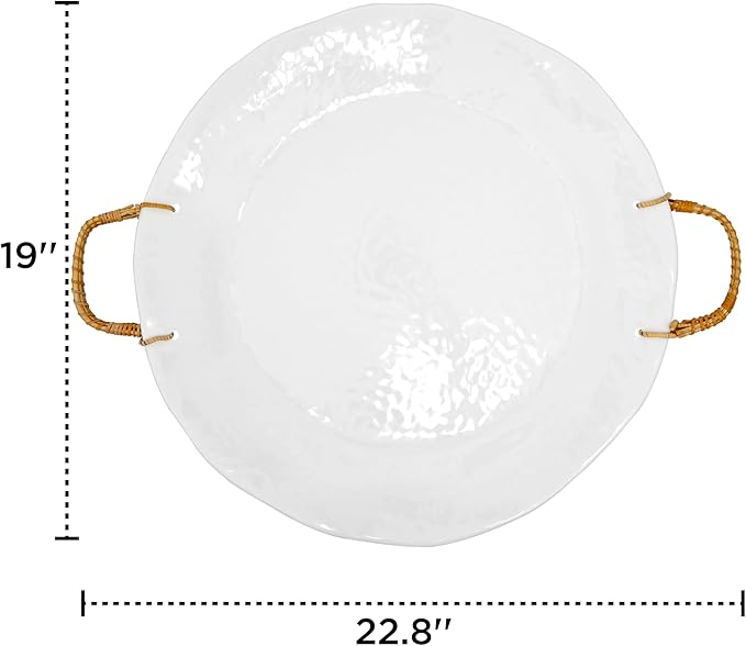 TP 19" Large Serving Tray with Rattan Handle, Melamine Round Serving Platters, Decorative Trays for Kitchen, Parties, Entertaining, Set of 2