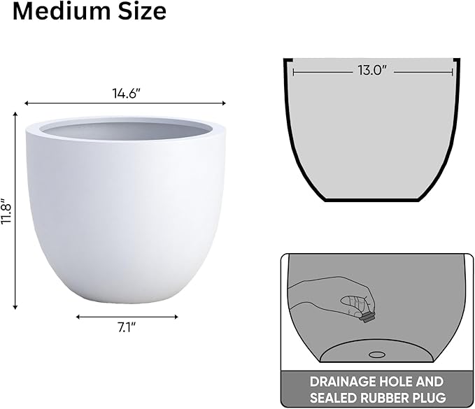 DTY Signature Mount Belford Lightweight and Durable Modern Fiberstone Egg Shaped Planter for Indoor/Outdoor Drainage Hole & Rubber Plug Weather Resistant 12" H x 15" Dia, 12.8" Opening - Medium, White