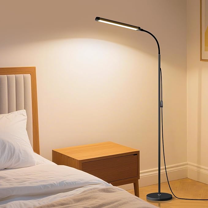 Modern LED Floor Lamp for Reading in Black, Bright 12W Dimmable Standing Light with Adjustable Gooseneck, 3 Color Temperatures, for Living Room corner, Office, Study Room, bedroom bedside nursery,lash