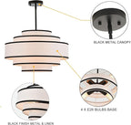 19.7" Black Drum Chandelier with White Linen Lampshade 4-Light Modern Farmhouse Chandelier Light Fixture for Living Room, Dining Room, Kitchen Island, Foyer, Entryway Bedroom