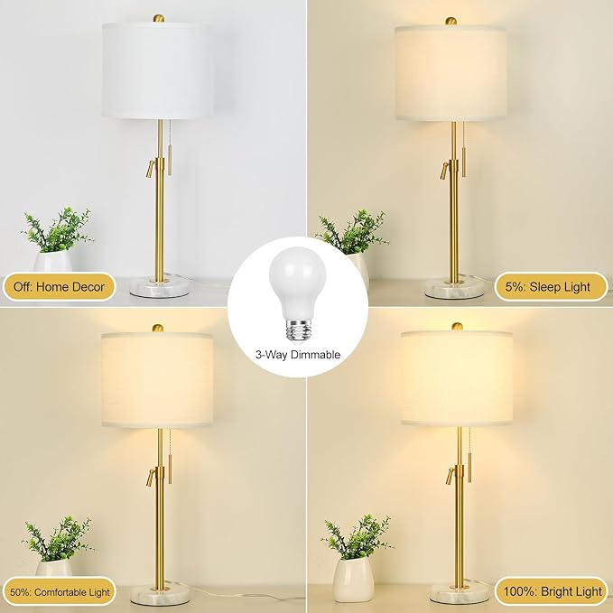 Gold Table Lamp Set of 2, 22-30" Height Adjustable Modern Nightstand Lamps with Marble Base and Pull Chain Switch for Living Room Bedroom, Office, Bedside Table, Farmhouse