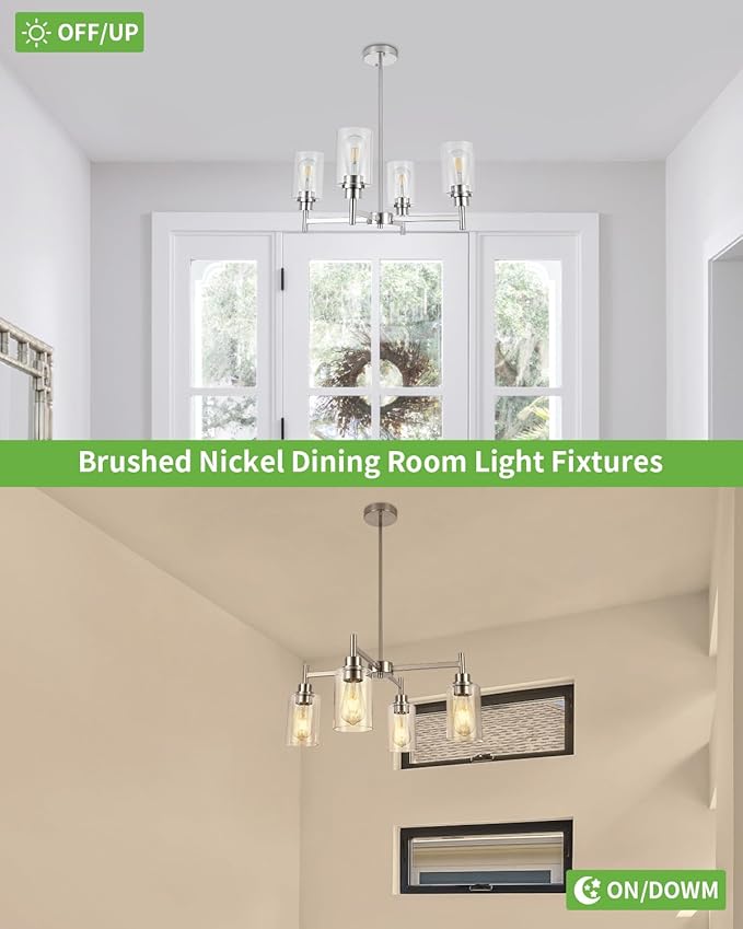 Brushed Nickel Chandeliers for Dining Room Farmhouse Chandelier Fixture with Clear Glass Shades 4 Light Kitchen Island Lighting Pendant Light Fixture for Dining Room Living Room Bedroom