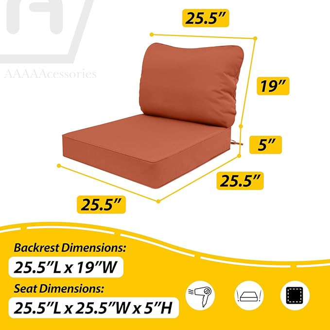 AAAAAcessories Outdoor Deep Seat Cushions, Waterproof, Fade-Resistant Patio Furniture Replacement Cushions, 25.5" x 25.5" x 5" + 25.5" x 19", Set of 4, Rust
