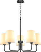 Farmhouse Chandelier, 5-Light Black Chandelier with White Fabric Shade, Height Adjustable Modern Dining Room Light Fixture with E26 Base for Bedroom Foyer Hallway Entryway Kitchen Living Room