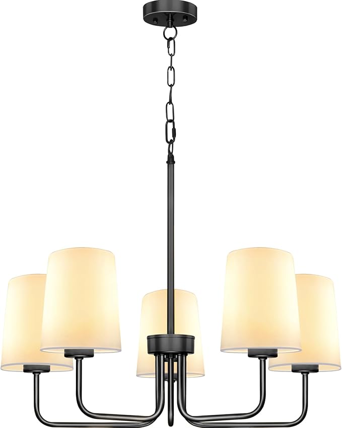 Farmhouse Chandelier, 5-Light Black Chandelier with White Fabric Shade, Height Adjustable Modern Dining Room Light Fixture with E26 Base for Bedroom Foyer Hallway Entryway Kitchen Living Room