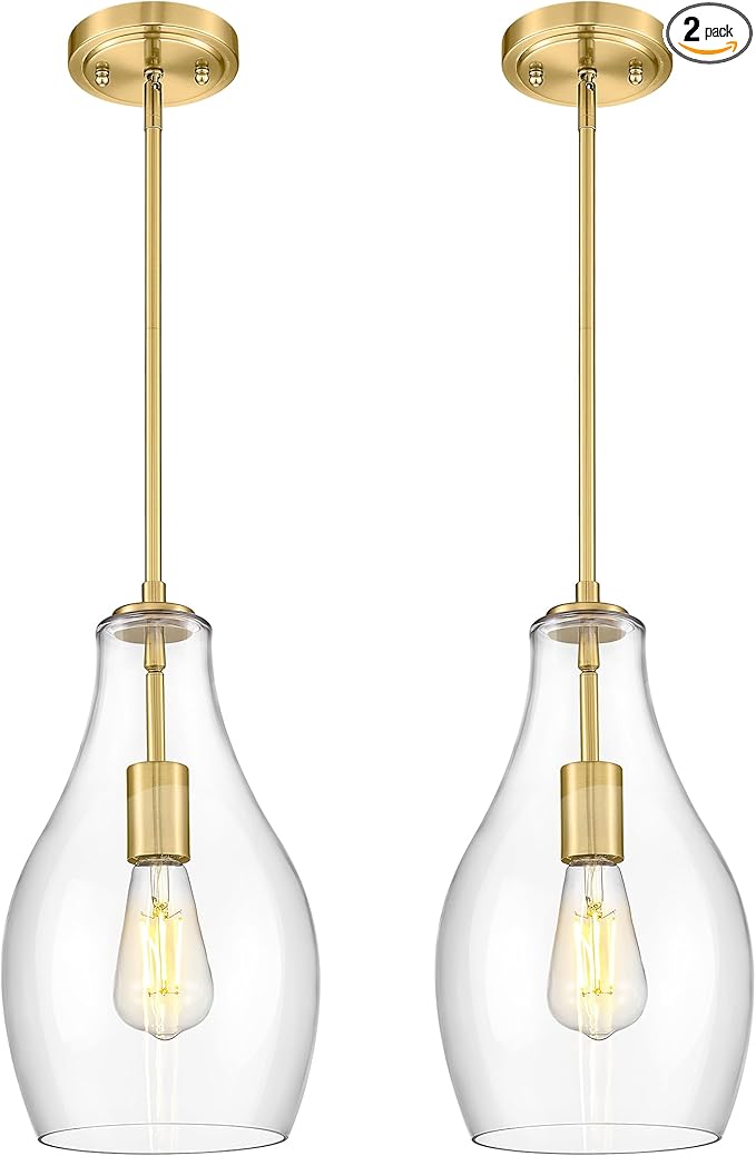 2-Pack Pendant Lights Kitchen Island, 8" Gold Hanging Light Fixtures with Clear Glass Shade, Modern Brass Kitchen Pendant Lighting Over Island for Dining Room, AD-25045-2PB-GD