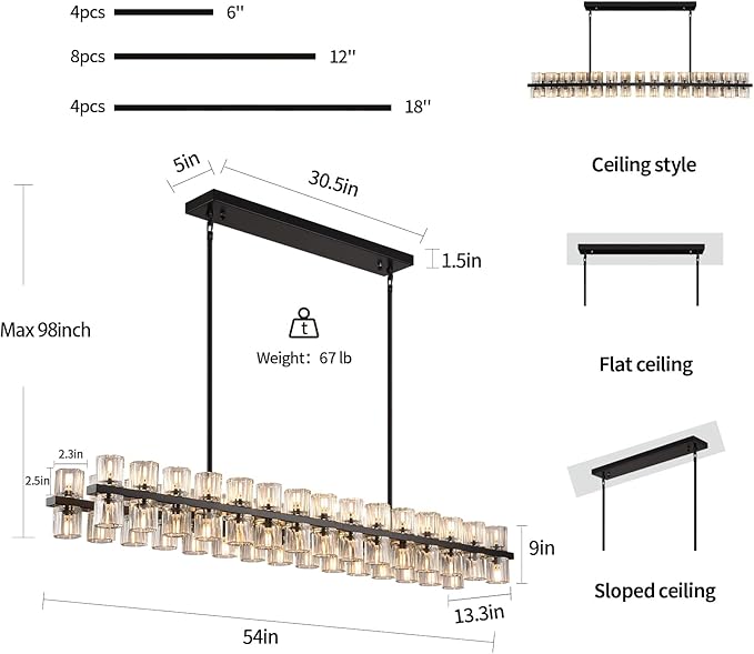 Crystal Black Rectangle Chandelier for Dining Room,L54in Dining Room Chandelier Over Table,Modern Chandelier for Dining Room,Kitchen Island, Over The Dining Table, Includes 60xG4 Bulbs
