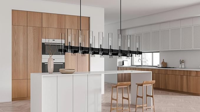 Black Linear Chandelier, 54 Inch 16-Lights Modern Kitchen Island Dining Room Over Table Light Fixture, Industrial Farmhouse Large Pendant Lighting with Glass Shade
