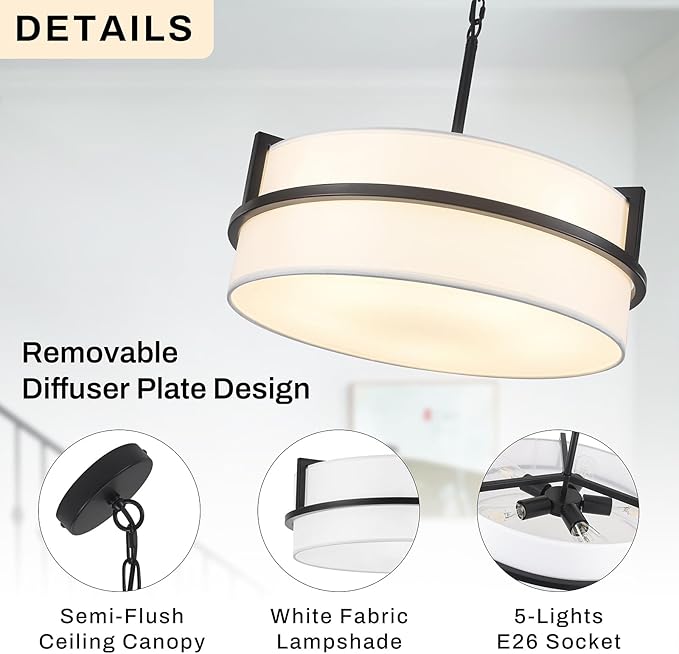 19.7" Black Drum Chandelier,5-Lights Large Drum Pendant Light with White Linen Shade Round Modern Chandeliers for Dining Room Bedroom Kitchen Island Over Table Hanging Ceiling Light Fixtures