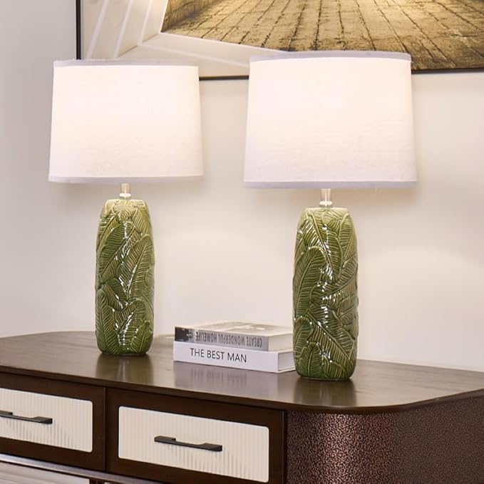 Table Lamps Set of 2, 25 inch Modern Green Ceramic with Leaf Embossed Base and White Linen Shade, Farmhouse & Modern Bedside Lamp for Bedroom, Living Room, Office