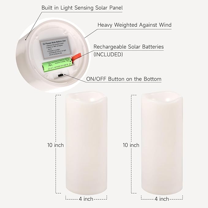 NURADA Large Outdoor Solar Candles Waterproof - 10" x 4" Rechargeable Solar Powered Flameless LED Pillar Flickering Candle for Patio Porch Lanterns Decor - Ivory White Set of 2