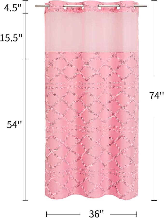 No Hooks Boho Pink Woven Fabric Shower Curtain 36 x 74 Modern Farmhouse, Tufted Chevron Striped Shabby Chic Textured, Minimalist Cloth Hookless Shower Curtains for Bathroom, Hotel Decor