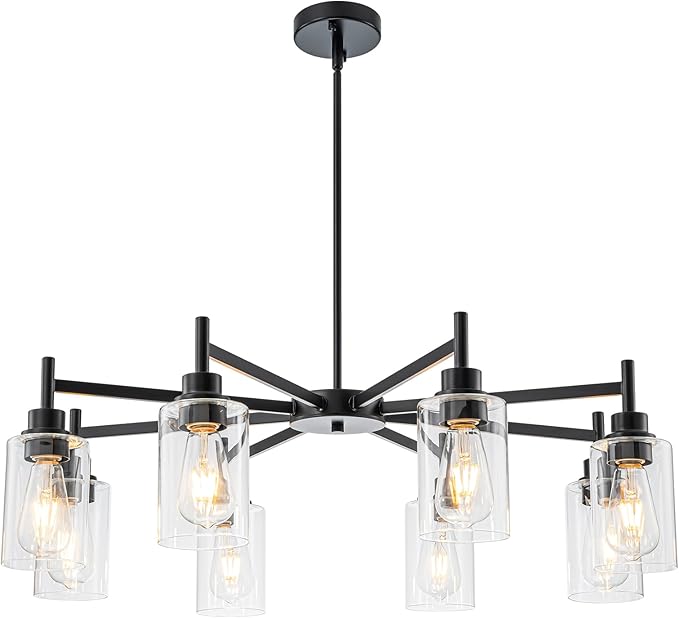 Matte Black Chandeliers for Dining Room, Farmhouse Chandeliers 8 Light Dining Room Light Fixture with Clear Glass Shades Pendant Lighting for Kitchen Island Living Room Staircase