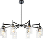 Matte Black Chandeliers for Dining Room, Farmhouse Chandeliers 8 Light Dining Room Light Fixture with Clear Glass Shades Pendant Lighting for Kitchen Island Living Room Staircase