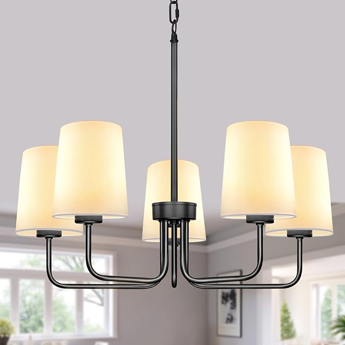 Farmhouse Chandelier, 5-Light Black Chandelier with White Fabric Shade, Height Adjustable Modern Dining Room Light Fixture with E26 Base for Bedroom Foyer Hallway Entryway Kitchen Living Room