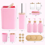 Pink Bathroom Accessories Set 17PCS Bathroom Set with Trash Can 3PCS Lotion Soap Dispenser, Toothbrush Holder, Soap Dish,Tumbler Cup,6PCS Wood Tags Bath Accessories with Tray for Kitchen Bathroom