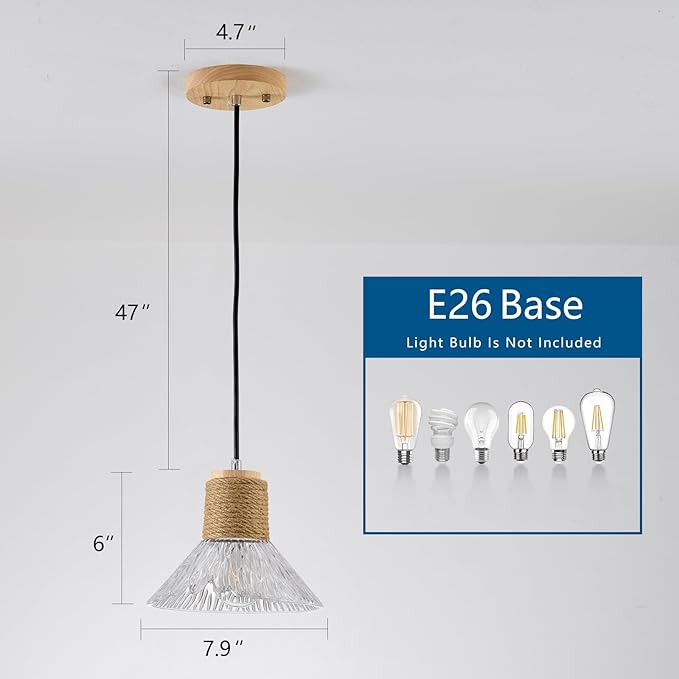 Pendant Light with Clear Striped Glass Lampshade, Boho Hemp Rope Woven Vintage Chandelier, Adjustable Height Hanging Island Light for Dining Room Living Room Hallway