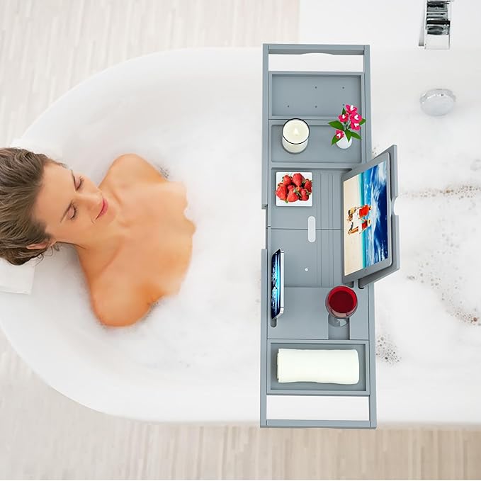 Premium Bamboo Bathtub Caddy Tray - Bath Tray - Bath Tub Tray Table for Bathtub - Bath Caddy Tray for Bathtub, Expandable Size, Fits Most Bath Tubs - Grey
