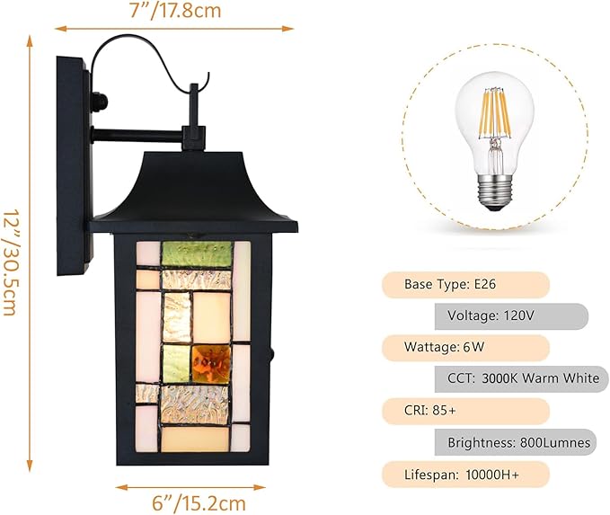 WL0010 Tiffany Style Outdoor Light Fixutres Stained Glass Wall Sconce Exterior Waterproof Wall Lantern Light for Balcony Aisle Hallway W 7X D 6 x H 12 Inches, Bulb Included (Lumigrid)