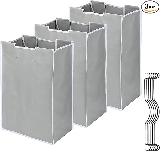 3 Bag Laundry Sorter Replacement Bags, Augot Large Hamper Cart Removable Replacement Bags with 6Pcs Hangers and Carry Handle, Laundry Organizer Storage Case 21"H×15"L×9"W