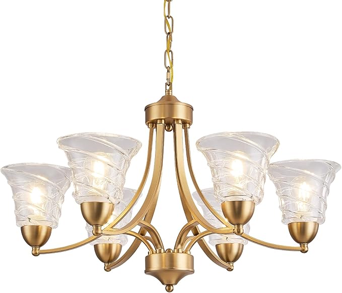 Farmhouse 6 Light Gold Chandeliers for Dining Room Light Over Table, Entryway Pendant Light for Foyer, Vintage Chandelier Ceiling Lights with Glass Shade for Kitchen Island Hallway, Adjustable Height