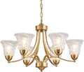 Farmhouse 6 Light Gold Chandeliers for Dining Room Light Over Table, Entryway Pendant Light for Foyer, Vintage Chandelier Ceiling Lights with Glass Shade for Kitchen Island Hallway, Adjustable Height