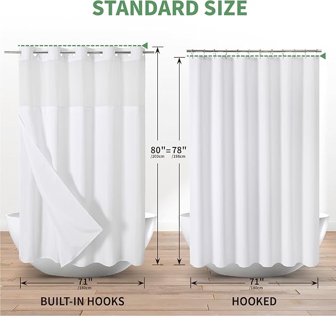 White Long No Hook Shower Curtain with Snap-in Fabric Liner Set,Slub Textured Fabric Shower Curtains for Bathroom,Hotel Style Modern Shower Curtain,Water Repellent& Washable,71x80(78)