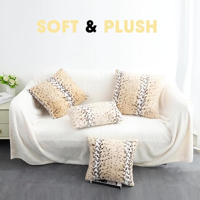 Throw Pillows Covers, Fluffy Faux Fur Pillow Case Snow Leopard Cheetah Print Animal Decorative Lumbar Rectangle Cushion Cover for Couch Sofa Bedroom Living Room, 12x20, Beige