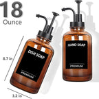 Amber 18 Oz Dish Soap Dispenser for Kitchen, Ultra-Thick Glass Soap Dispenser Set with Tray, Pump, Funnel for Bathroom, Liquid, Lotion, Shower, Laundry, (2 Pack with 12 Stickers)