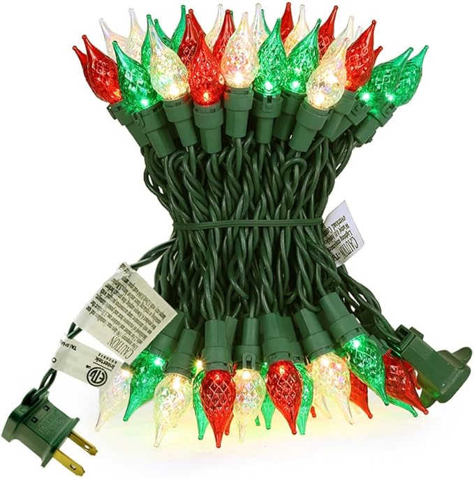 GlowVibe Red White and Green Christmas Lights, 19ft 70 LED Faceted C5 Glass Bulb Outdoor String Lights, Extendable Green Wire for Indoor Xmas Tree Garden Patio 120V ETL Certified