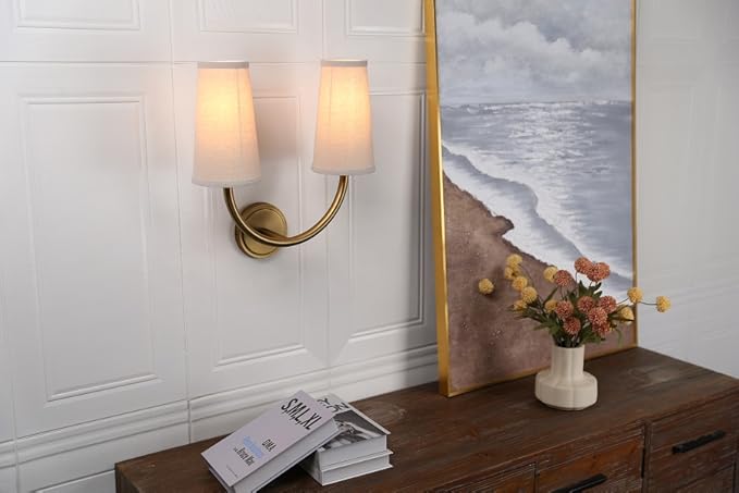 Yosoan Linen Wall Sconce Indoor Night Light Fixture, 2-Light Dual Vintage Industrial Hardwired Sconces Wall Lighting with Textile Fabric Shade Lamp for Bedroom Living Room Corridor Study(Antique)