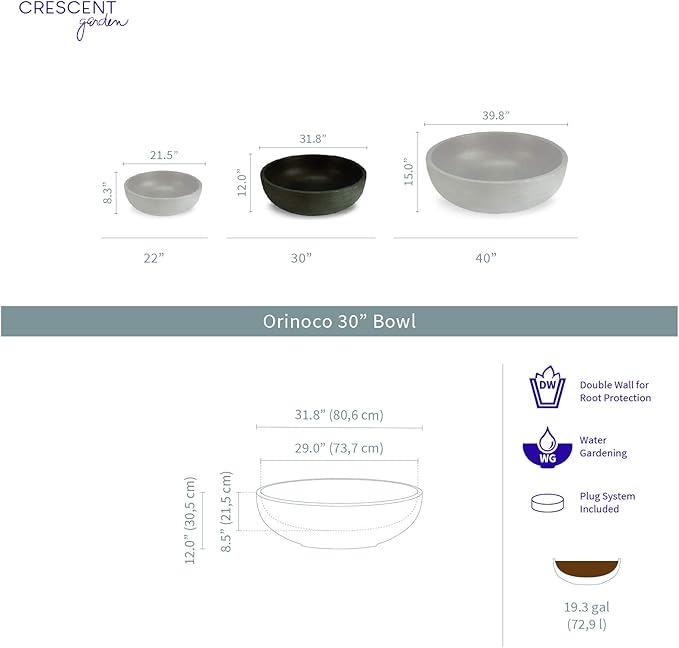 Crescent Garden Large Outdoor Planter Bowl – Double-Walled Resin Pot with Drain Hole for Water Gardens, Fountains, Decorative Landscaping - 30" W x 12" H (Weathered Concrete)