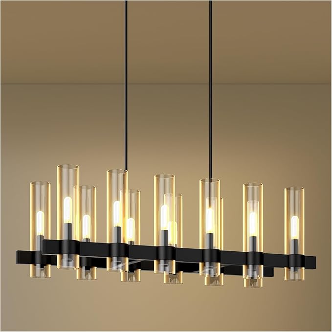 Black Linear Chandelier, 40 Inch 12-Lights Modern Kitchen Island Dining Room Over Table Light Fixture, Industrial Farmhouse Large Pendant Lighting with Glass Shade