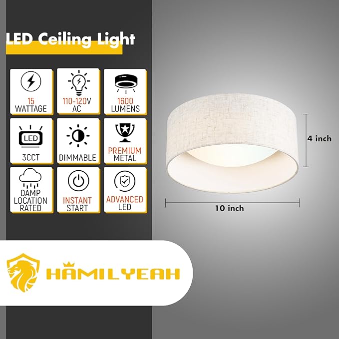 Hamilyeah Flush Mount Ceiling Light Fixture 10 inch, 15W LED Ceiling Light with Fabric Shade, Modern Hallway Lighting Fixtures Ceiling Mount, Drum Bedroom Lights for Ceiling 3CCT