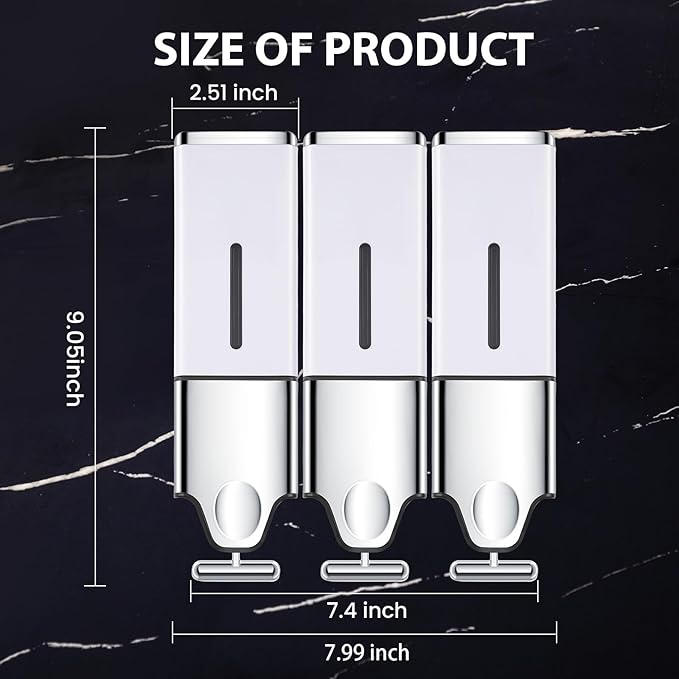 3-in-1 Quadrate Dispensers for The Shower,Shower soap Dispenser,Conditioner Dispenser, Shampoo Dispenser,No Drilled Wall Mounted Distributor,Hotel,Bathroom,Home (Triple, White)