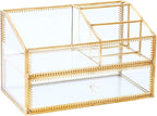 Golden Glass Box Vanity Tray Glass Case Makeup Display Organizer on Dresser, Multifunctional Cosmetic Storage for Palette Lipstick Makeup Brushes Skincare Perfumes Bathroom Accessories